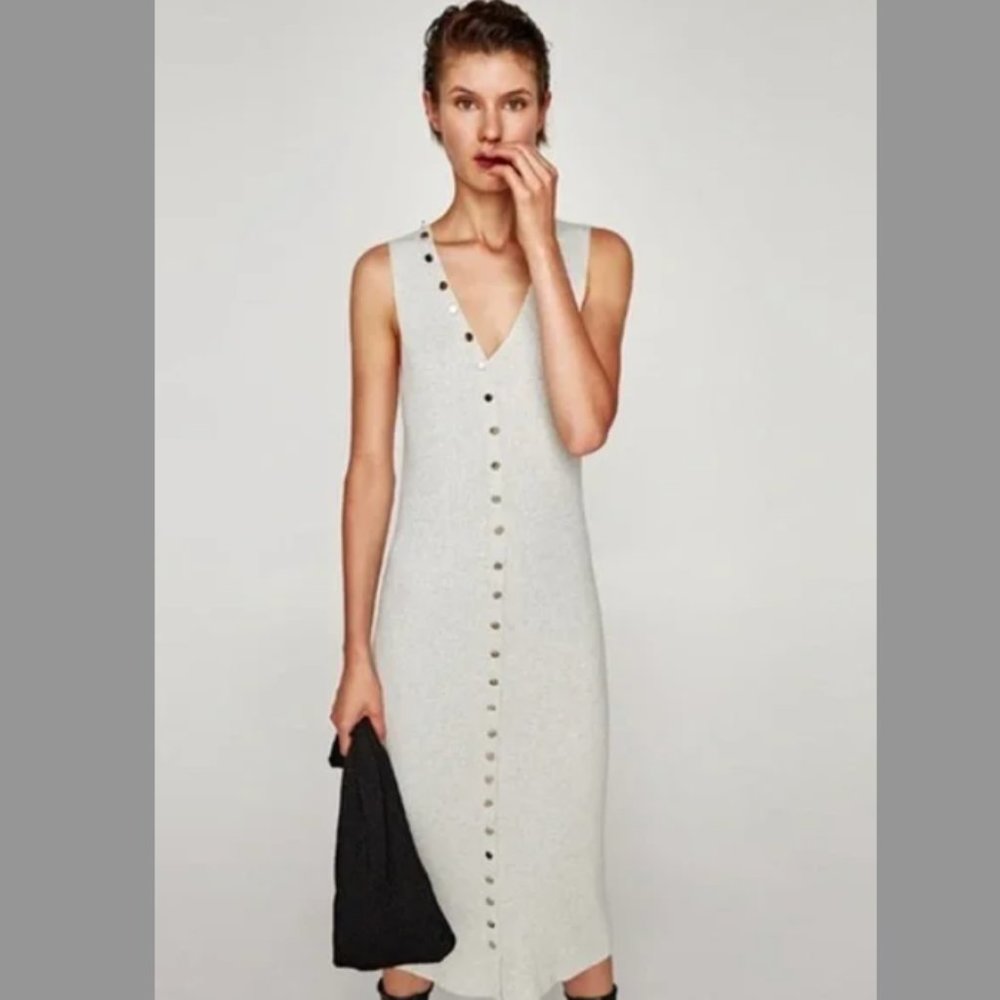 Zara Grey Ribbed Sleeveless Dress, Size L with Gold Buttons